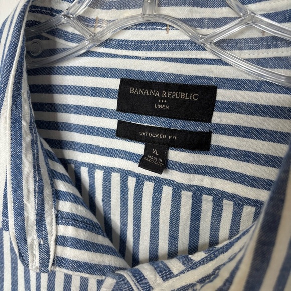 Banana Republic Men XL Linen Button-Up Shirt Blue White Stripe Untucked Slim Fit - Picture 4 of 6